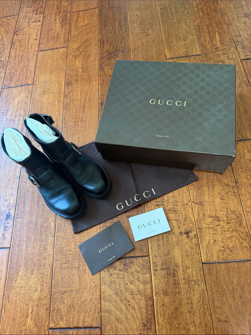Gucci Black Leather Ankle Buckle Boots